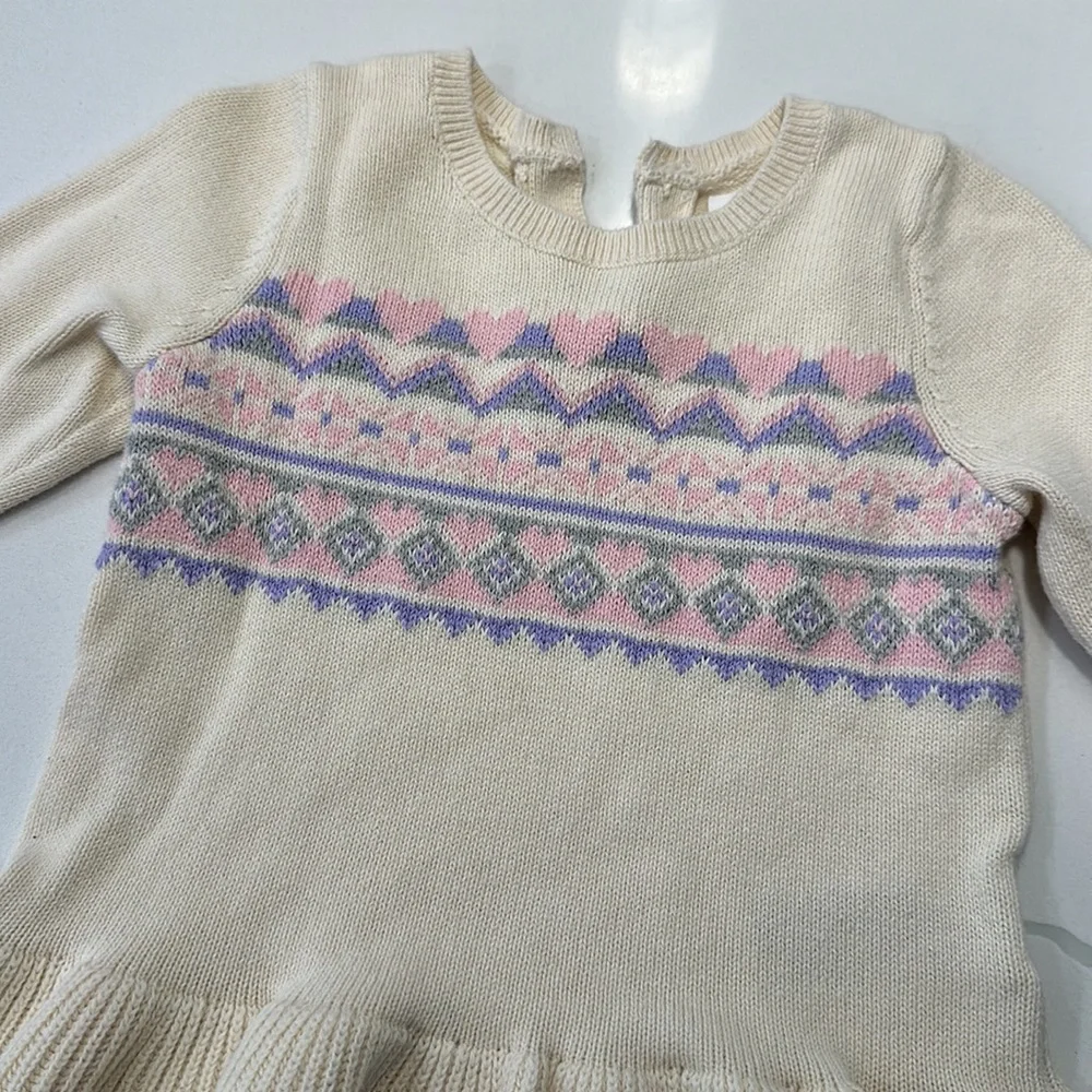 Gap baby 100% cotton sweater dress fair isle cream pink purple size 6-12 months